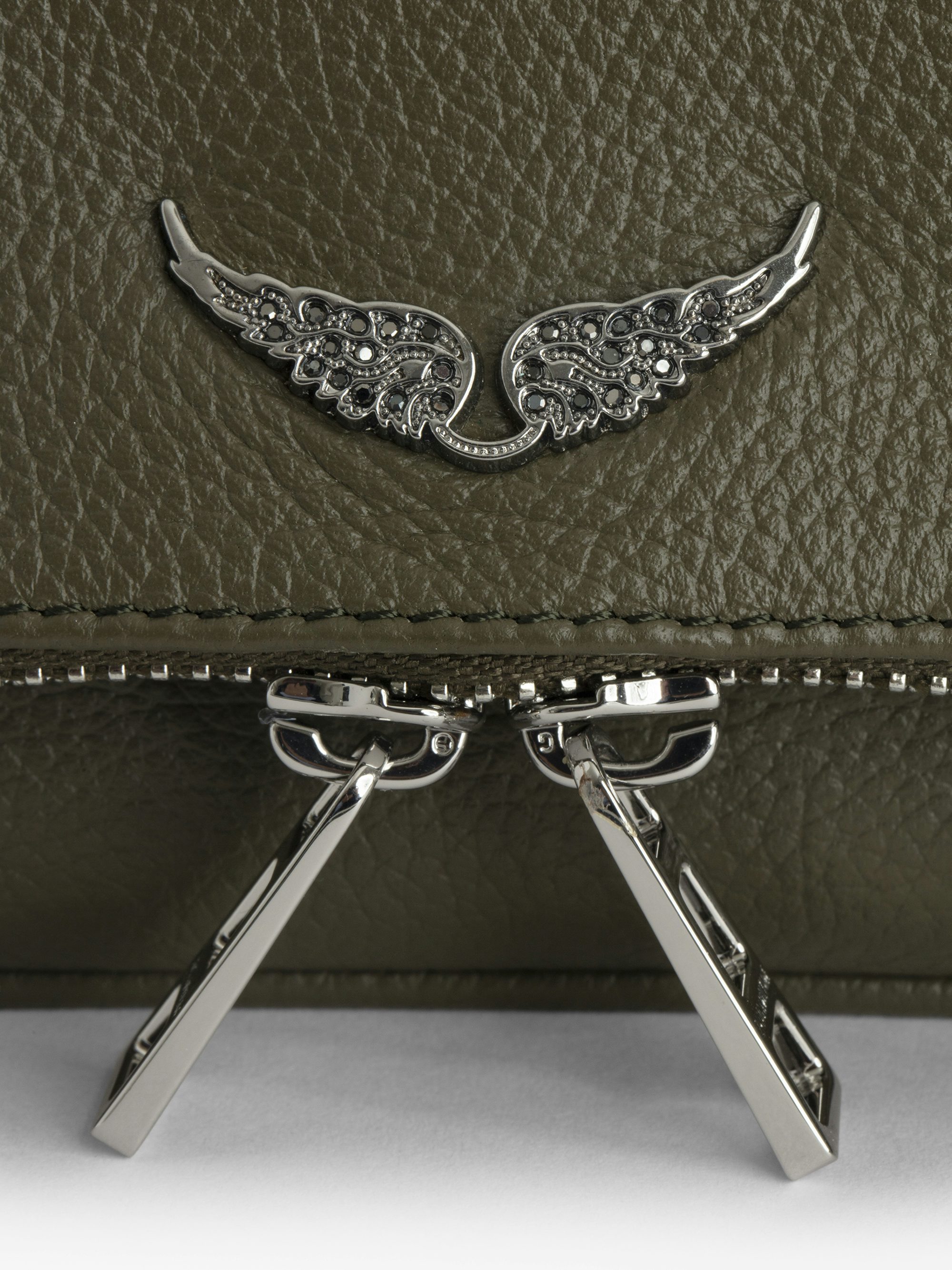 Rock Nano Clutch - Small khaki grain leather clutch with double chain and rhinestone wings.